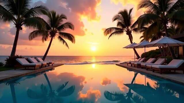 Beautiful sunset over the sea, in a hotel with a swimming pool, sun beds, umbrellas and palm trees. - Powered by Adobe