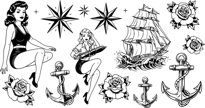 Illustration of vintage tattoo flash sheet with women, stars, ship, anchors and roses in old school style 