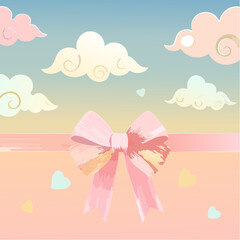 Cute ribbon bow clipart. Coquette and balletcore girly decoration. Hand drawn silk tape accessory. Vintage fashion element in pastel color. Vector drawing