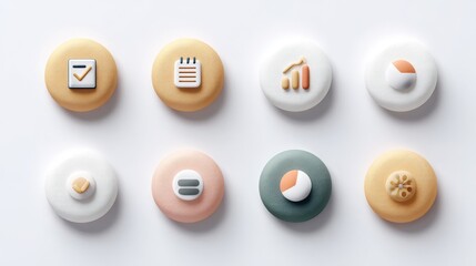 3D icons on round buttons representing tasks, notes, charts, and graphs in pastel colors on a white background.