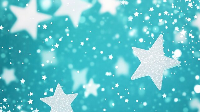 Sparkling teal background with glittering stars and bokeh lights.