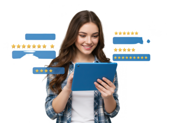 A smiling woman is looking at a tablet with customer review stars floating around her isolated on transparent background