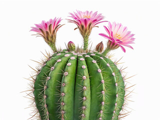 Vibrant illustration of blooming cactus with large pink artwork captures delicate petals and sp and green pads, showcasing beauty of desert flora. detailed iky texture, evoking sense