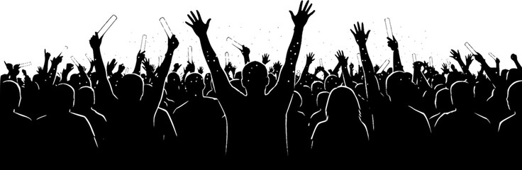 Silhouette of cheering crowd with raised arms and glow sticks at a concert or sporting event scene |eps vectors