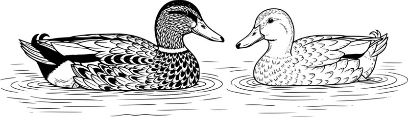 Fototapeta premium Two ducks swimming in water with one duck having detailed feathers in black and white illustration editable vector
