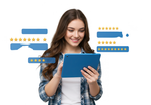 A smiling woman is looking at a tablet with customer review stars floating around her isolated on transparent background