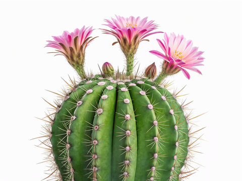 Vibrant illustration of blooming cactus with large pink artwork captures delicate petals and sp and green pads, showcasing beauty of desert flora. detailed iky texture, evoking sense