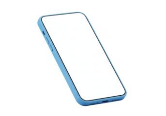 A blue smartphone with a blank white screen is isolated on a transparent background