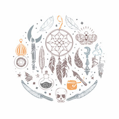 Alchemy witchcraft set with hand drawn vintage elements. Magic shop and fairy tale vector illustration of insect potion skull snake scroll dream catcher dagger. Celestial and astronomy boho ...