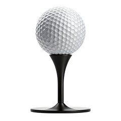 Close up of a white golf ball on a black modern golf tee isolated on transparent background