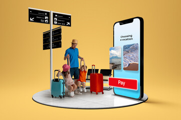 Father and two children at the airport explore vacation options on a large mobile screen with beach...