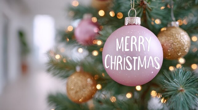 Pink Christmas ornament with "Merry Christmas" text on a white background, festive holiday decoration.