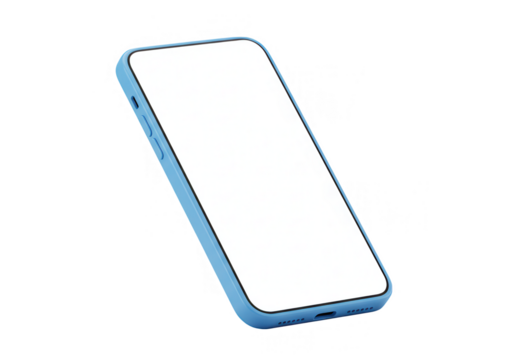 A blue smartphone with a blank white screen is isolated on a transparent background