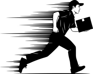 Silhouette of a delivery person running fast with a package and speed lines indicating motion effect 
