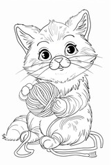 Obraz premium cute cat playing with a ball of yarn, coloring book style, black and white, clean simple line art, no shading, white background