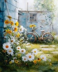 Watercolor painting of a vintage bicycle amidst a garden of daisies and yellow sunflowers near a wooden shed