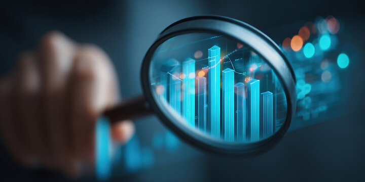 Market analysis and business strategy. Financial and statistical data dashboard.Analyst magnifying graphs and charts.