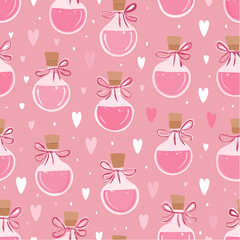 Seamless vector pattern with cute glass potion bottles with bows and ribbons. Coquette style magic love elixirs on pink background. Witchcraft and alchemy wallpaper, wrapping paper, ...