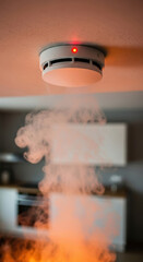 Fire alarm smoke sensor glowing red on ceiling activated by raising fumes, early detection in modern kitchen interior, safety house emergency prevention technology. Fire Safety Day, insurance claim