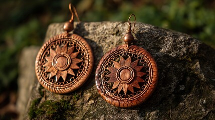 Fototapeta premium Fashion earrings made from upcycled copper and clay styled in natural light
