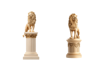 Majestic lion sculptures display regal poses on ornate pedestals
