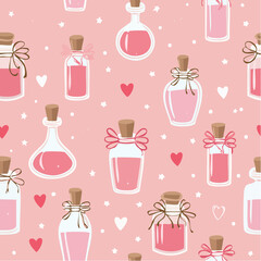 Seamless vector pattern with cute glass potion bottles with bows and ribbons. Coquette style magic love elixirs on pink background. Witchcraft and alchemy wallpaper, wrapping paper, ...