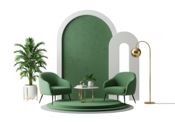 A modern green interior scene with chairs, plants, a table, and display platforms isolated on transparent background