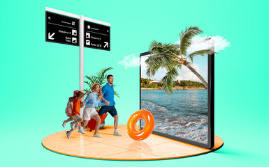 Cheerful family runs toward large display showing tropical beach and palm trees, visualizing excitement for vacation. Concept of digital planning, online travel booking services. 3D island composition
