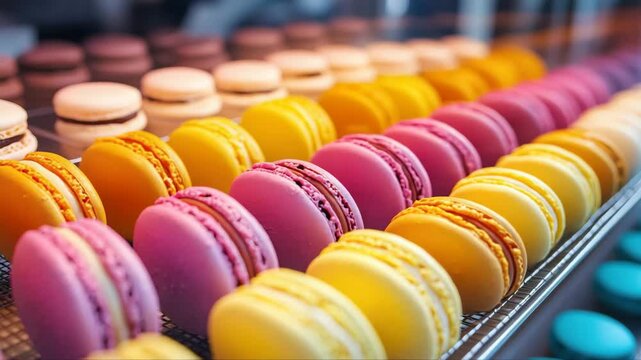 Brightly colored macarons arranged in neat rows inside a display case, showcasing pink, yellow, orange and blue tones. A tempting assortment of elegant pastry. Sweet and eye-catching.