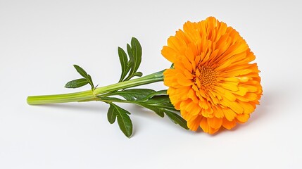 A single, vibrant marigold flower with bright orange petals lies gently on a plain white background showcasing its fully opened bloom and fresh green stem leaves.