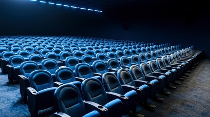 An empty blue cinema torium awaits its ence; rows of plush seats stretch into the dim, quiet darkness of the theater, promising an immersive cinematic experience.