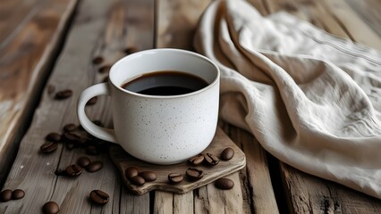 "Warm Coffee Mug with Linen Napkin | Clean Lifestyle Mockup for Stock Photo"

