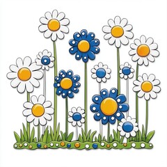 A vibrant illustration showcases a cheerful collection of stylized daisies in blue and white with simple icon-like designs set against a backdrop of green grass featu orange