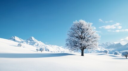 A single snow covered tree stands majestically in a pristine winter landscape against a backdrop of snow capped mountains under a bright blue sky a realistic photo perfect for