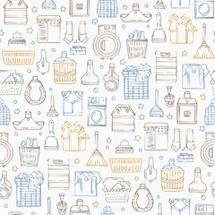 Seamless vector pattern with outline cleaning icons. Background with hand drawn house work elements. Laundry sketch texture. Home routine doodle ...