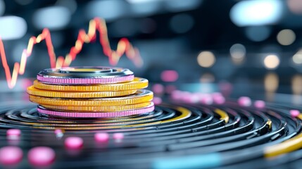 Abstract 3D rende illustrating market segmentation and ence analysis with a stack of sleek gold and rose gold coins on a concentric circular design, overlaid with a