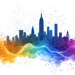 A vibrant abstract illustration depicts a connected smart city skyline with colorful gradient waves and dots representing data flow and digital networks in a modern metropolis.