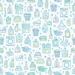 Seamless vector pattern with outline cleaning icons. Background with hand drawn house work elements. Laundry sketch texture. Home routine doodle ...