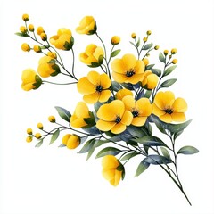 A vibrant bouquet of small, delicate yellow flowers and lush green leaves, meticulously rendered in watercolor, is perfectly isolated on a crisp white background, ideal for design