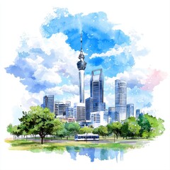 A vibrant watercolor illustration depicts a modern smart city skyline featu a prominent tower and surrounding buildings, trees, and a light rail transit system, ideal for smart