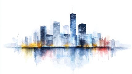 Abstract watercolor painting of a futuristic smart city skyline at night showcasing high speed technology and innovation in a vibrant urban landscape reflecting on calm water.