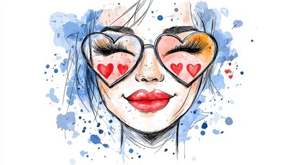 A watercolor illustration of a smiling woman's face wea heart-shaped sunglasses with tiny hearts reflecting in the lenses conveying happiness and love perfectly expressing a