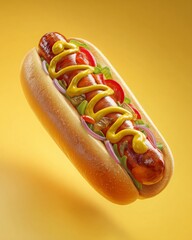 Fresh and tasty hotdog featuring mustard sauce, tomato ketchup, and fresh salad.