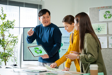 Asian business team discussion reusable product in office,start up eco-friendly...