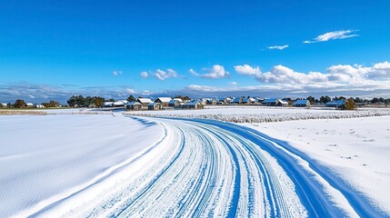 A picturesque snow-covered country road winds its way towards a charming village led amidst a serene winter landscape under a brilliant blue sky offe a tranquil and idyllic