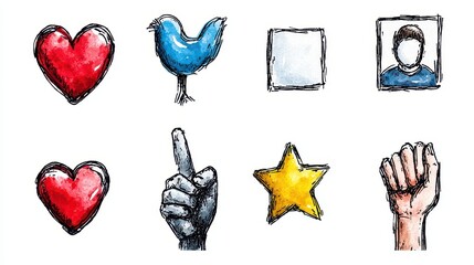 Hand-drawn social media icons depicting love, communication, approval, identity, and protest represent thought-provoking social issues and impactful online interactions perfectly