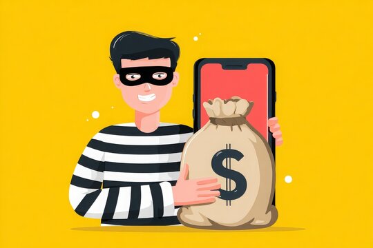 2D illustration of a thief in eye mask and white/black stripe cloth beside a smartphone.