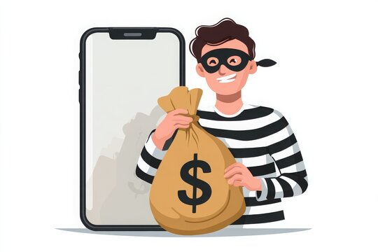 2D illustration of a thief in eye mask and white/black stripe cloth beside a smartphone.