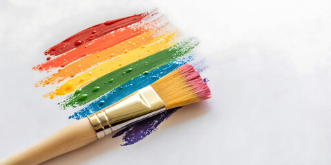 Vibrant Rainbow Paint Strokes with Pink Brush. A close-up view of colorful paint strokes, resembling a rainbow, laid out on a white surface.