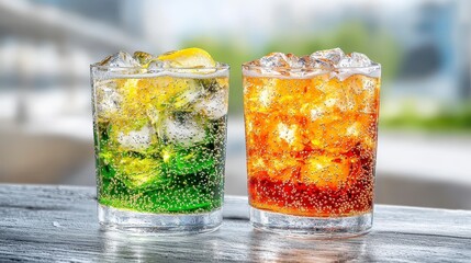 Two refreshing iced soft drinks with ice cubes and lemon slice in short glasses sit on a weathered wooden table outdoors on a bright sunny day perfect for summer refreshment.